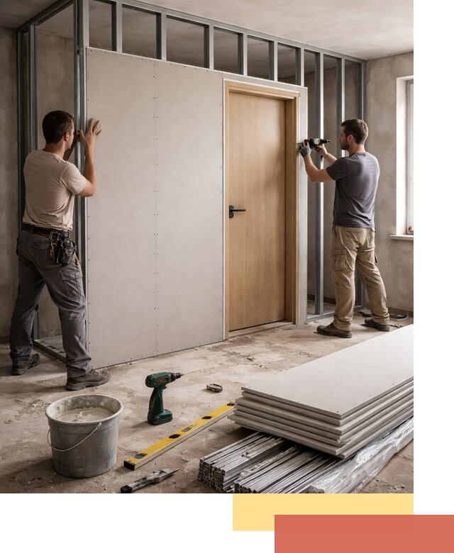 Перегородка из гипсокартона с дверью под ключ в Дзержинске