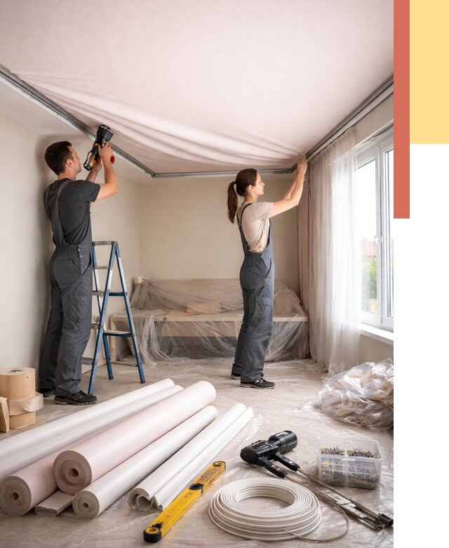 Монтаж цветного натяжного потолка в Дзержинске от 4270 руб/м² — быстро и недорого | ОТДЕЛОЧНИК-Дзр