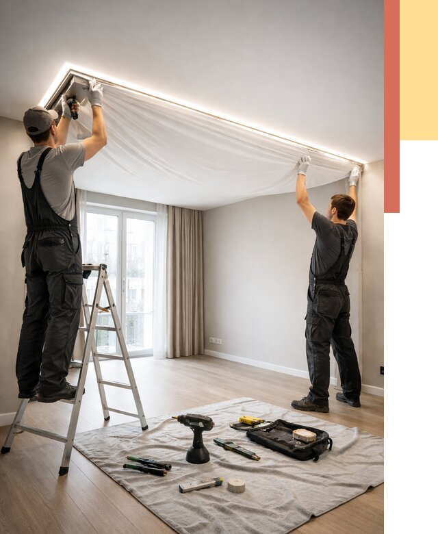 Монтаж парящего натяжного потолка в Дзержинске от 4575 руб. быстро и недорого | ОТДЕЛОЧНИК-Дзр