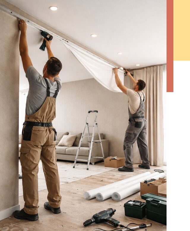 Монтаж натяжного потолка в гостиной в Дзержинске от 559 руб. | ОТДЕЛОЧНИК-Дзр