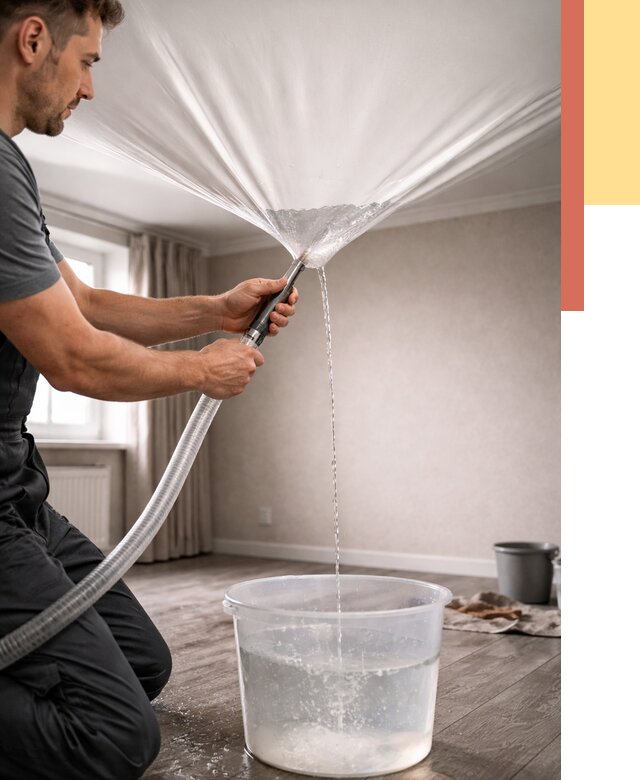 Слив воды с натяжного потолка в Дзержинске от 2542 руб. быстро и недорого | ОТДЕЛОЧНИК-Дзр