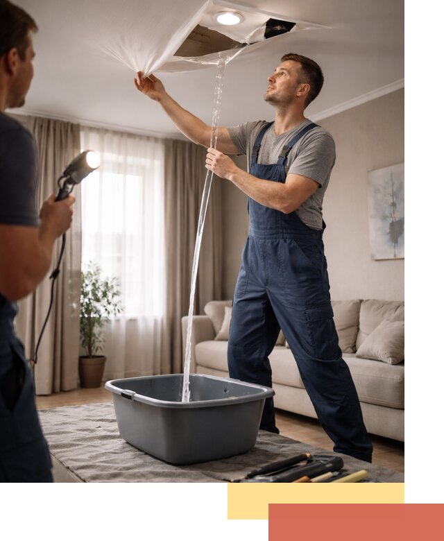 Слив воды с натяжного потолка в Дзержинске быстро и аккуратно